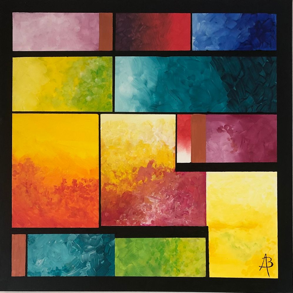 Fragments de lumière I, composition abstraite géométrique de Béa aux couleurs vives sur fond noir