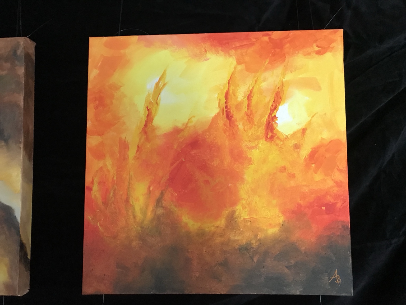Le Feu, peinture abstraite de Béa dans des tons jaunes, orange et rouges