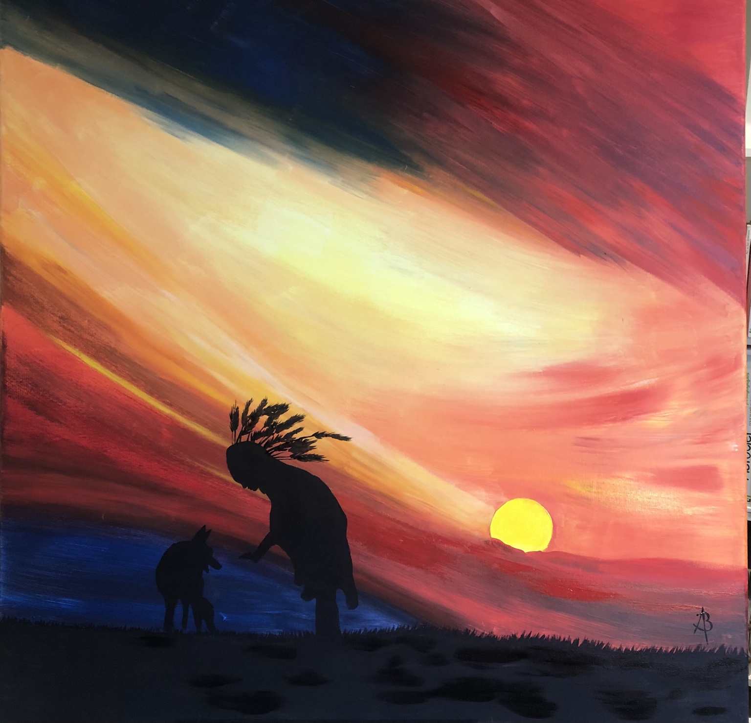 Frères au Crépuscule Lakota, peinture de Béa représentant une silhouette Lakota et un loup au soleil couchant