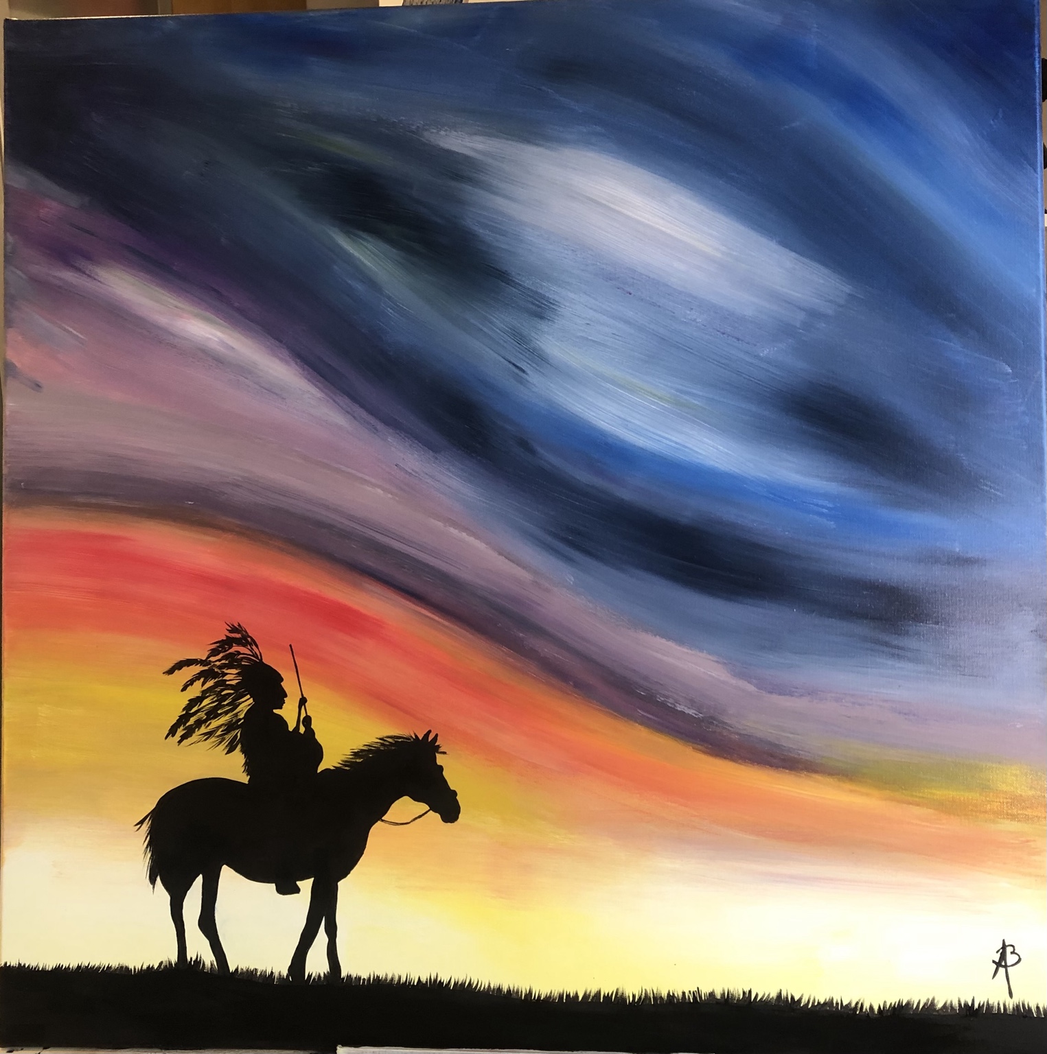 Gardien des terres Lakota, peinture de Béa représentant un cavalier Lakota sous un ciel coloré