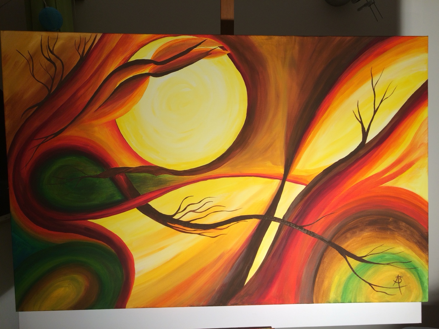 Automne, peinture de Béa composée de branches et de mouvements rouges, orange et jaunes
