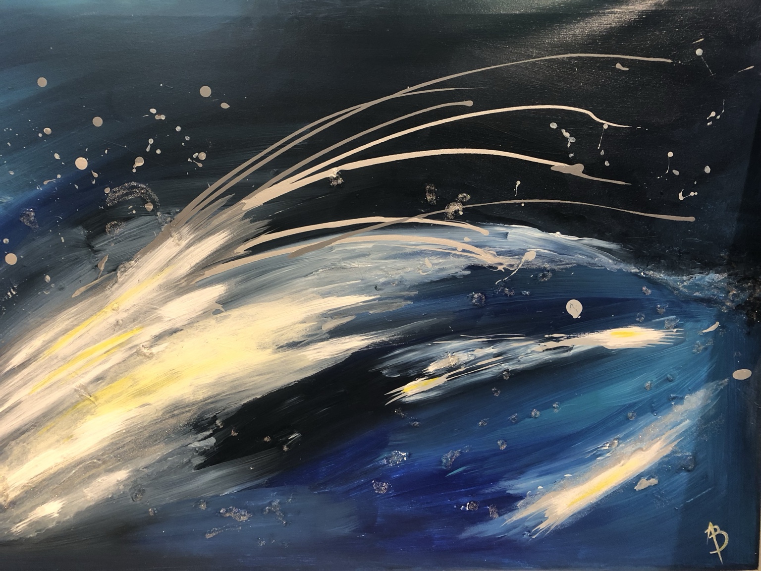 Hiver, peinture abstraite de Béa traversée de mouvements bleus, blancs et lumineux