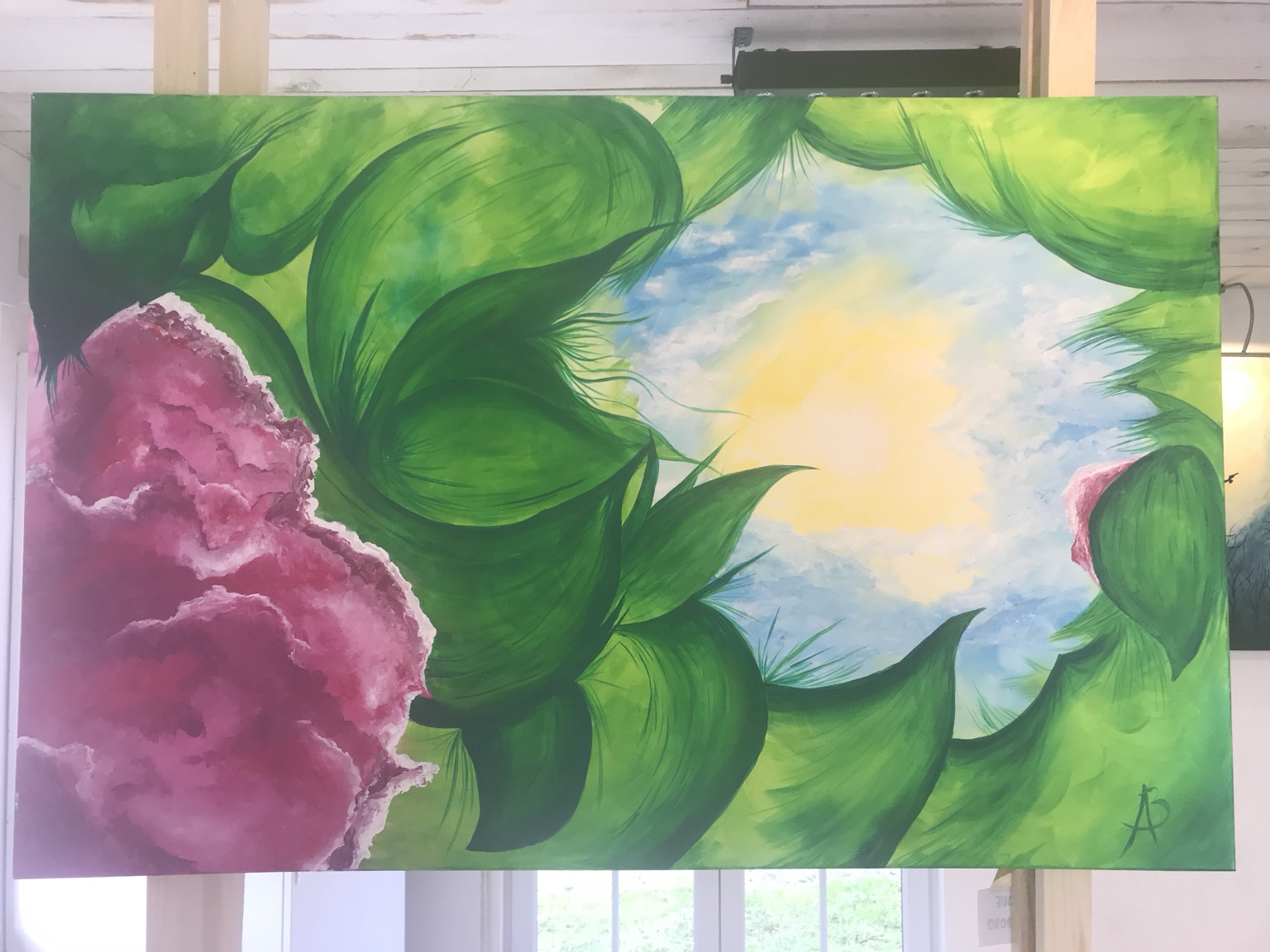 Printemps, peinture de Béa représentant un ciel lumineux vu au cœur d’un foisonnement végétal
