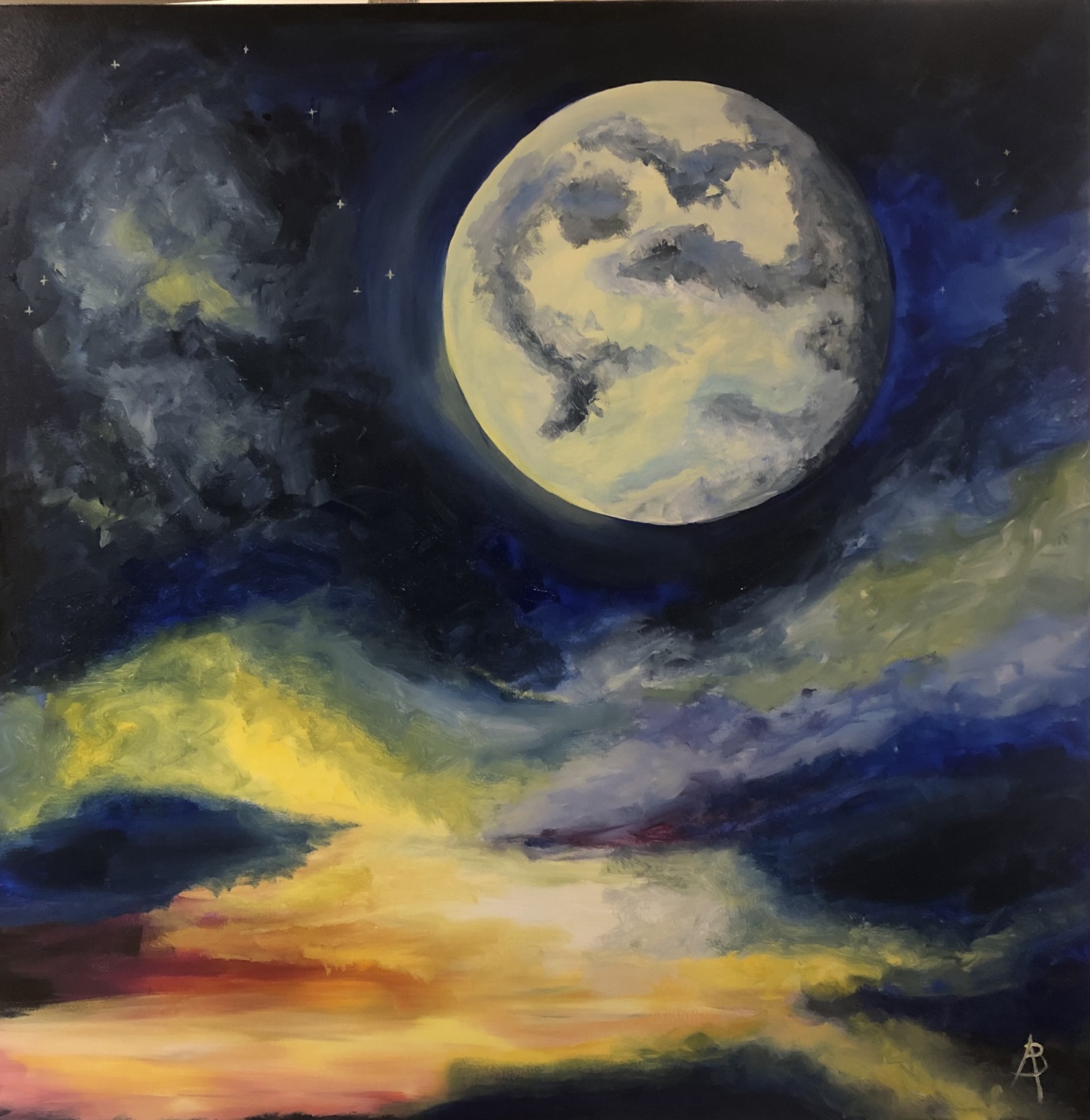Sérénade au clair de lune, peinture de Béa représentant la pleine lune dans un ciel nocturne coloré