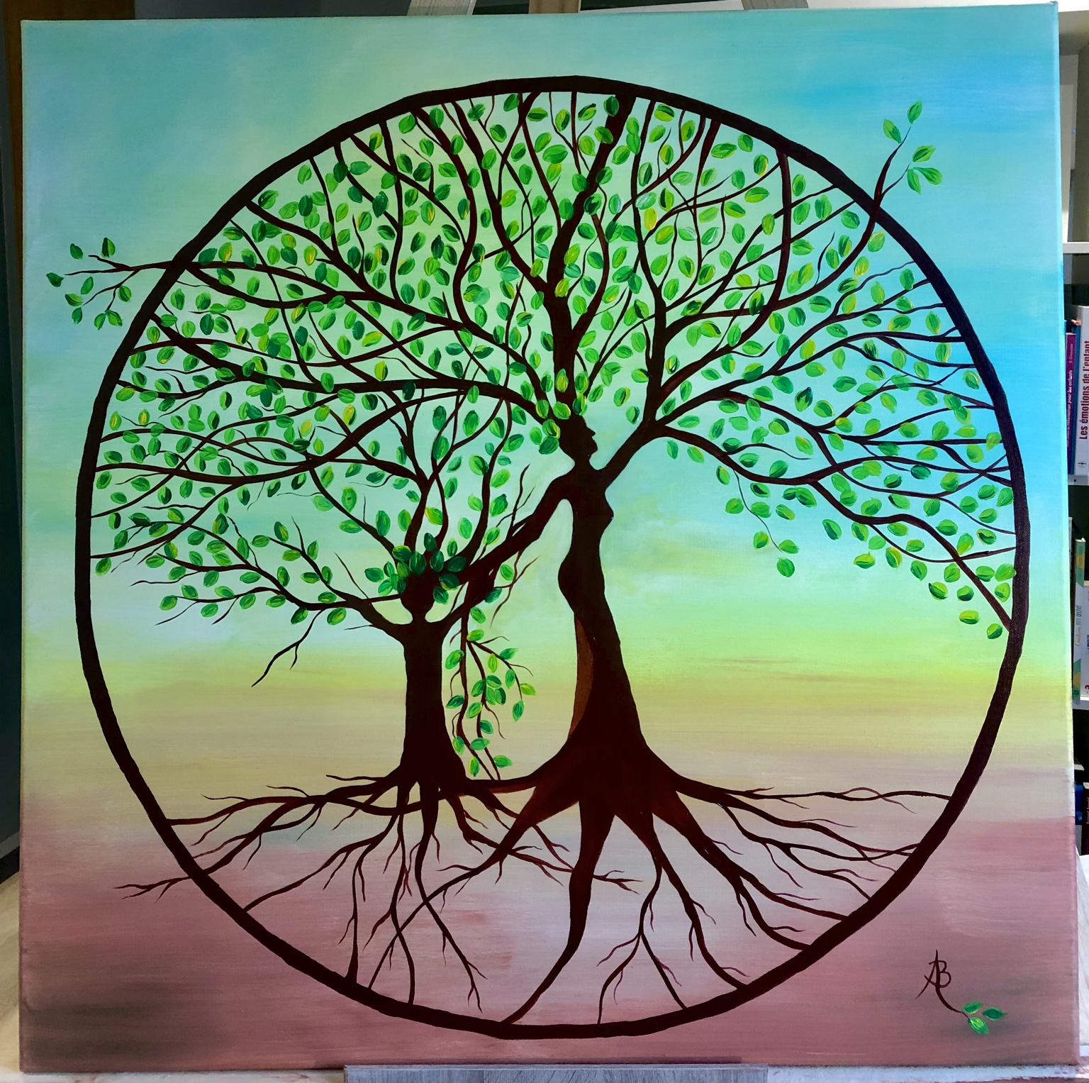 Caresse de l’Âme, peinture de Béa représentant deux arbres reliés dans un cercle