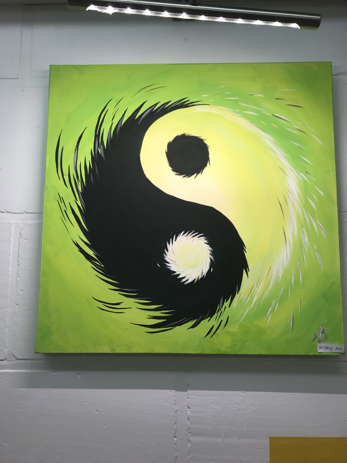 Harmonie lumineuse, peinture de Béa représentant un yin et yang dans des tons verts et noirs