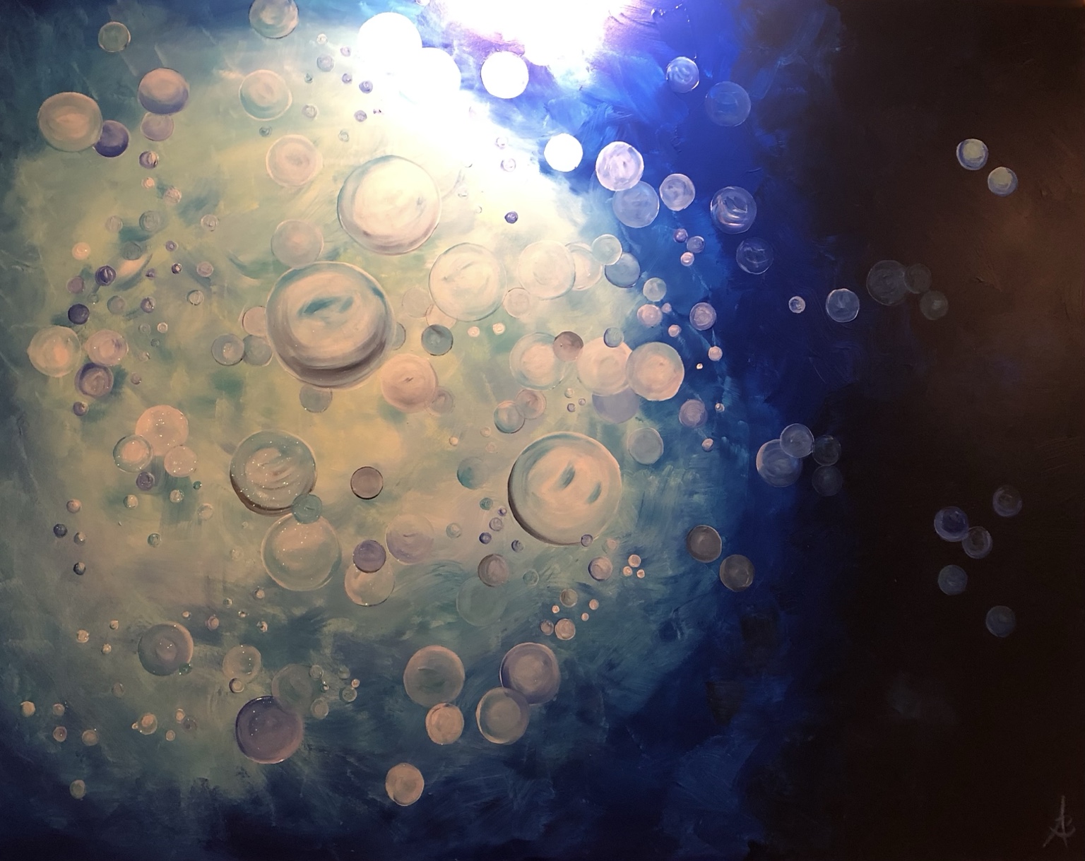 Bulles de paix, peinture de Béa représentant des bulles lumineuses dans des profondeurs bleues