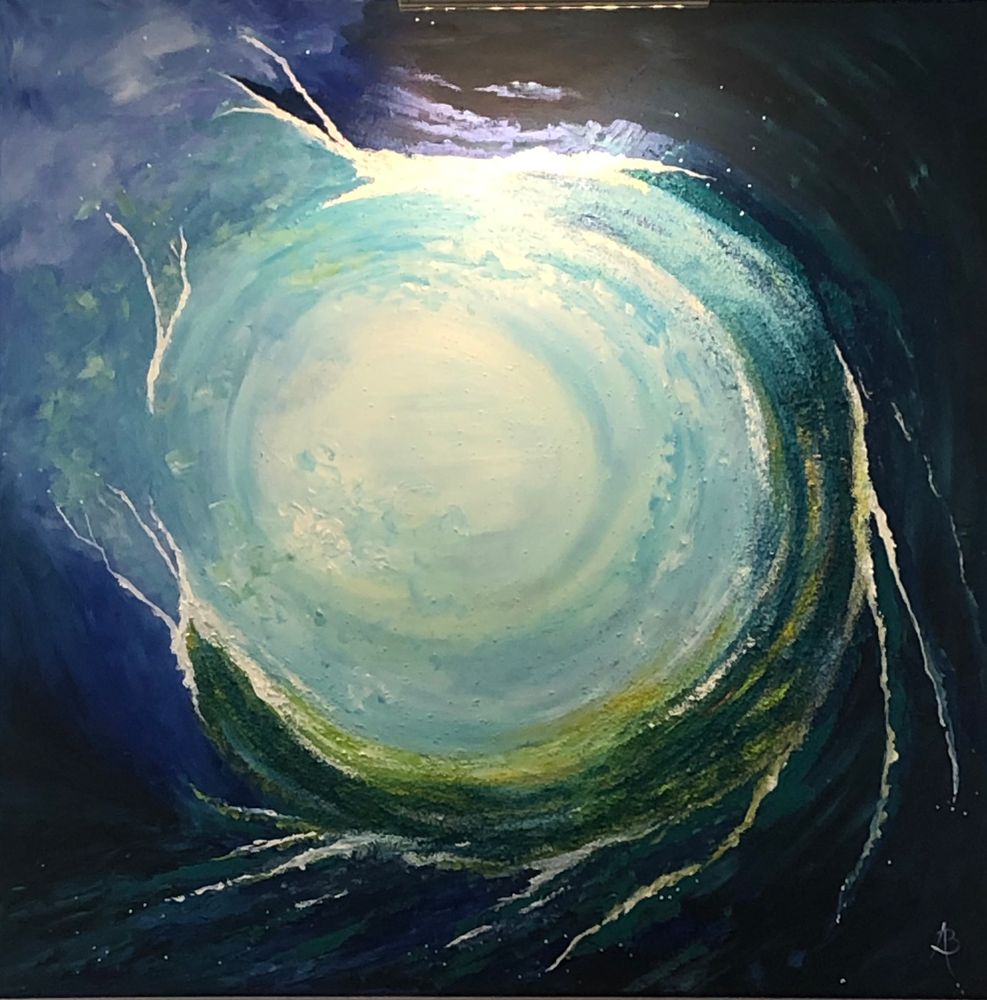 Cœur d’azur, peinture abstraite de Béa évoquant un tourbillon d’eau et de lumière bleue