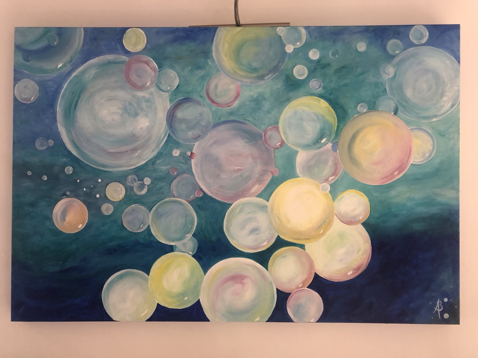 Flot de quiétude, peinture de Béa aux bulles turquoise, jaunes et vertes
