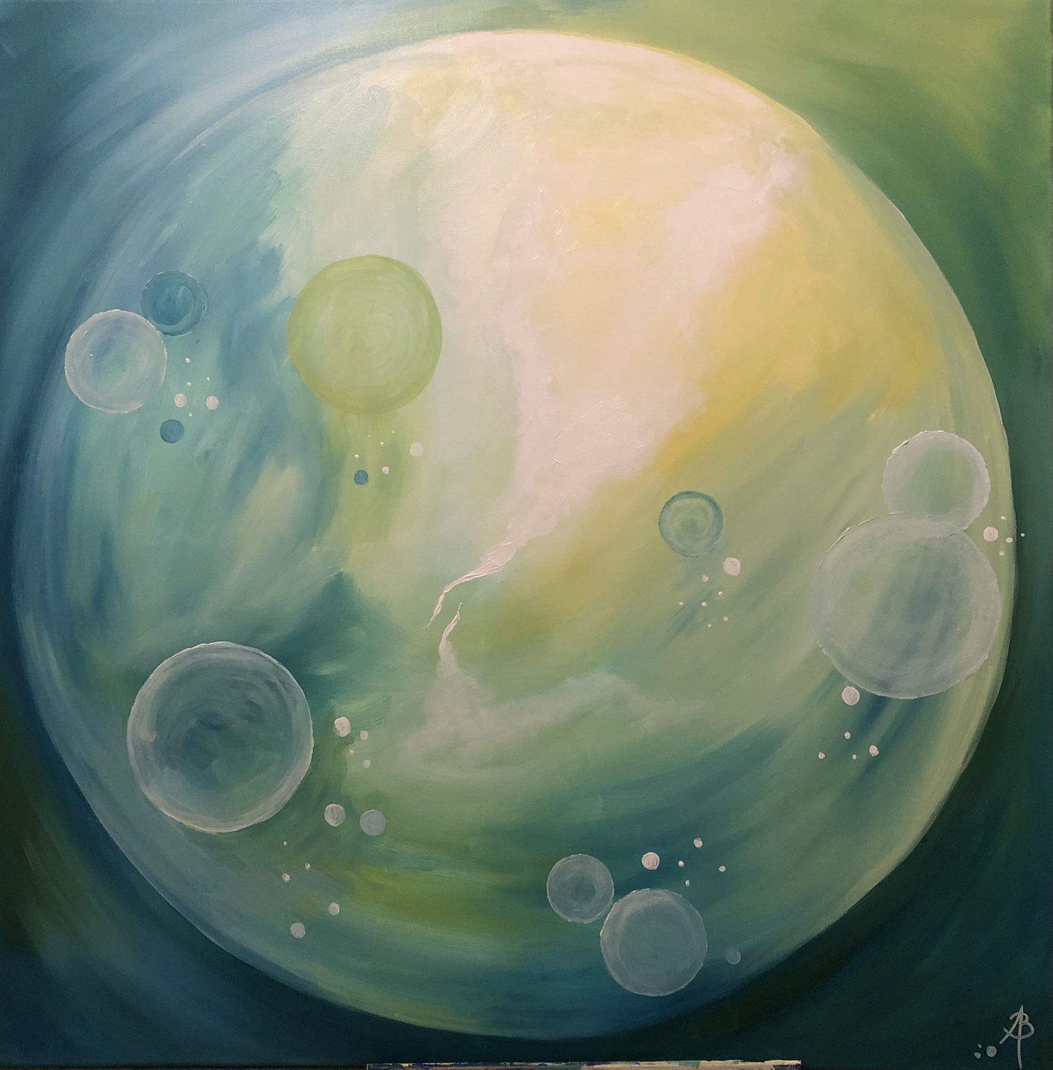 Harmonie flottante, peinture de Béa composée d’une grande bulle lumineuse dans des tons verts et bleus